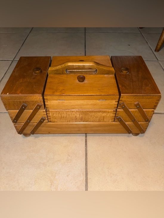 None Other - Antique Mid-Century Poland Beechwood Cantilever Sewing Box 1970-1980